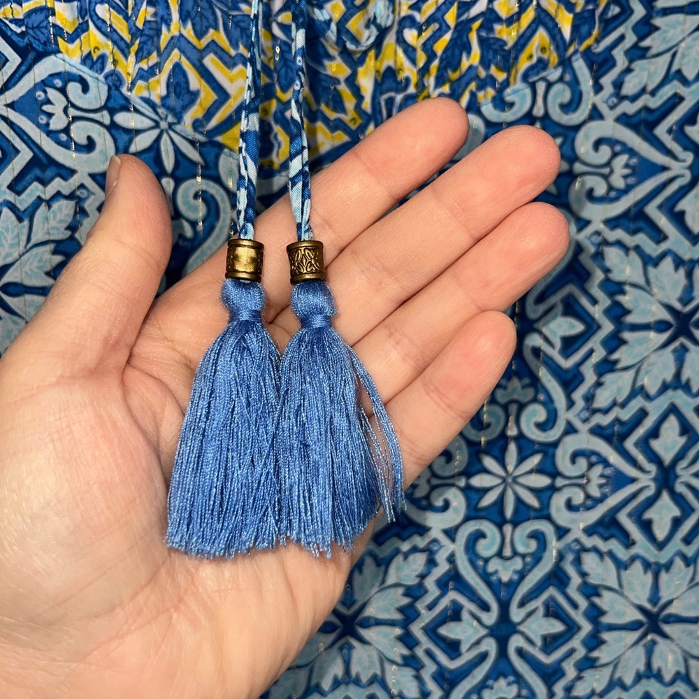 Ruby Rd Women’s Blue Yellow Metallic Blouse with Tassels Size Large - Picture 8 of 11
